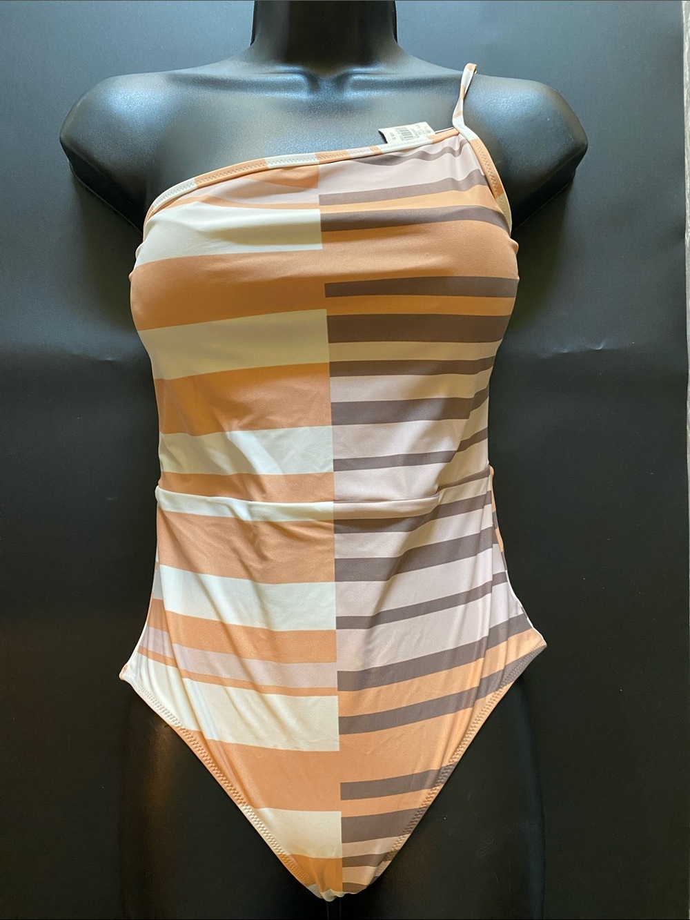aerie Asymmetric One-Shoulder Striped One-Piece in Peach, Cream, Taupe